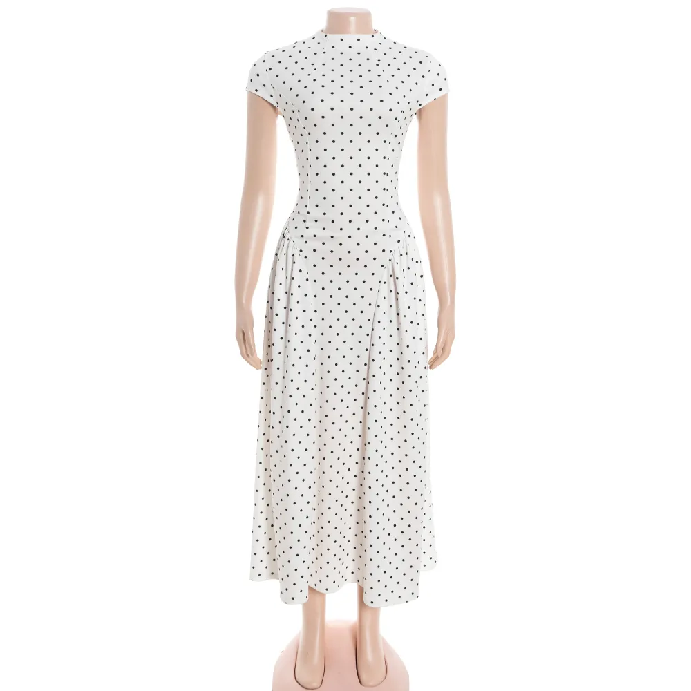 Classic Style Polka Dot Dress in Elastane Fabric Featuring Draped Design Maxi Long Dress