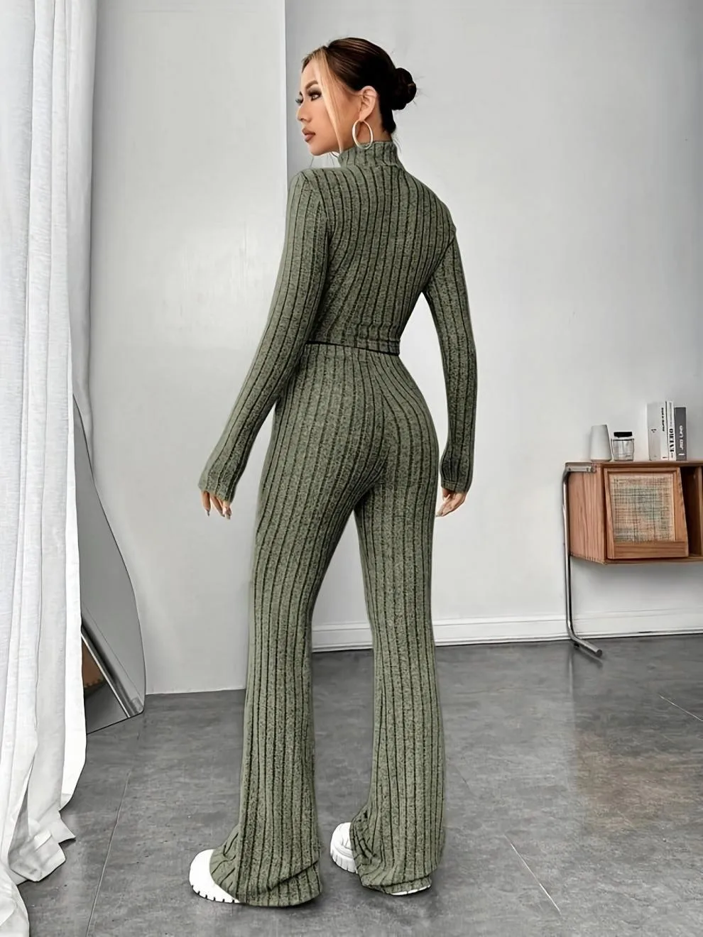 Women’s Stripe Pant Co-ord Set in Polyester with Turtleneck, Streetwear Style for Daily Wear, 2 Pieces Set