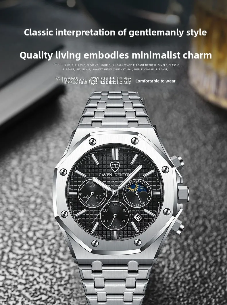 Quartz Watch with Tempered Glass Mirror, Alloy Strap, and Single Folding Buckle Featuring Pointer Display and Round Dial in Steel Color