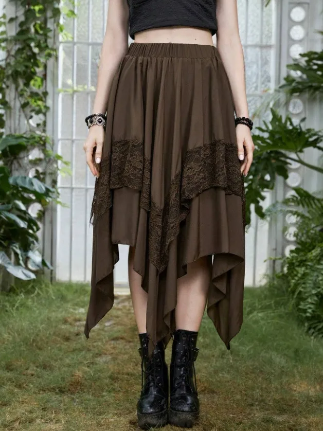 Lace Floral Gothic Midi Dress with Irregular Skirt