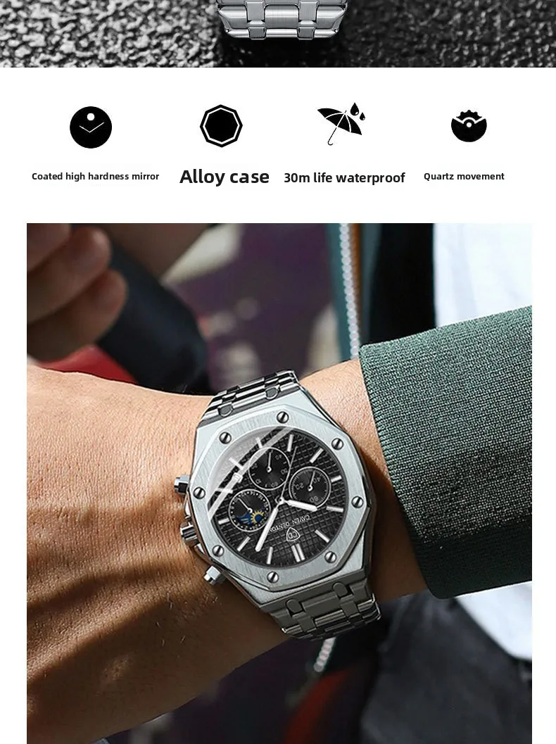 Quartz Watch with Tempered Glass Mirror, Alloy Strap, and Single Folding Buckle Featuring Pointer Display and Round Dial in Steel Color