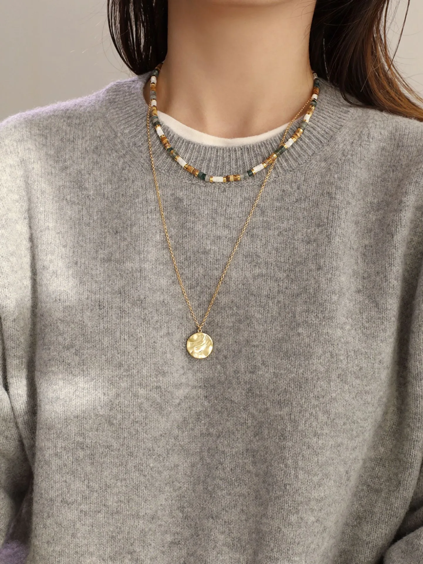 Gold Geometric Circle Necklace for Women Simple Style Copper Pendant Sweater Chain