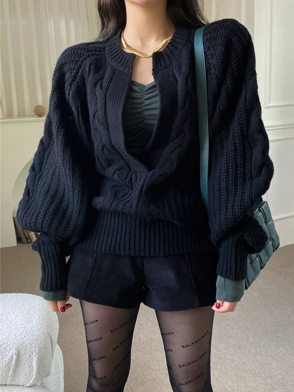 Loose Solid Color Long Sleeve Puff Sleeve Round Neck Pullover Sweater for Women