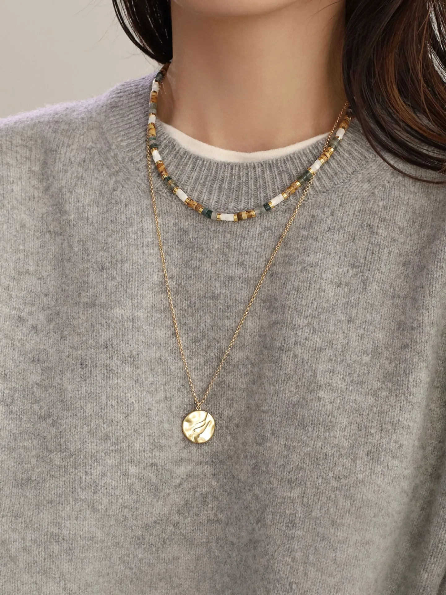 Gold Geometric Circle Necklace for Women Simple Style Copper Pendant Sweater Chain
