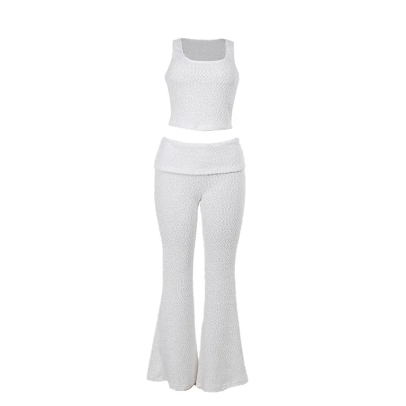 Women’s Solid Color Pant Co-ord Set in Elastane with U Neck, Perfect for Holiday Vacation, 2 Pieces Set