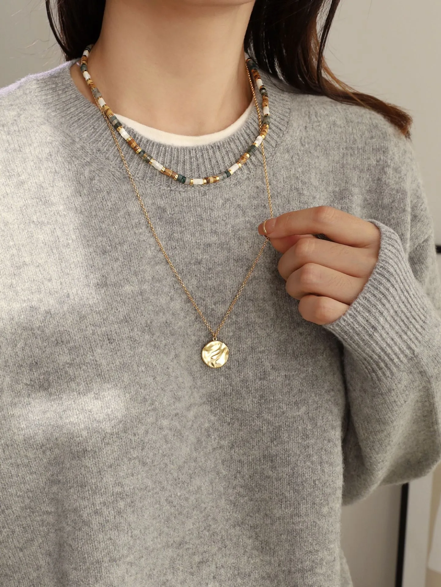 Gold Geometric Circle Necklace for Women Simple Style Copper Pendant Sweater Chain