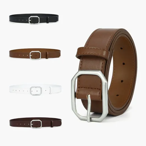 Women's Simple Modern PU Leather Belt with Alloy Buckle in Black Beige Pink Gold Coffee