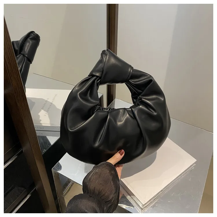 Medium Round PU Handbag with Zipper and Ruched Design for Women