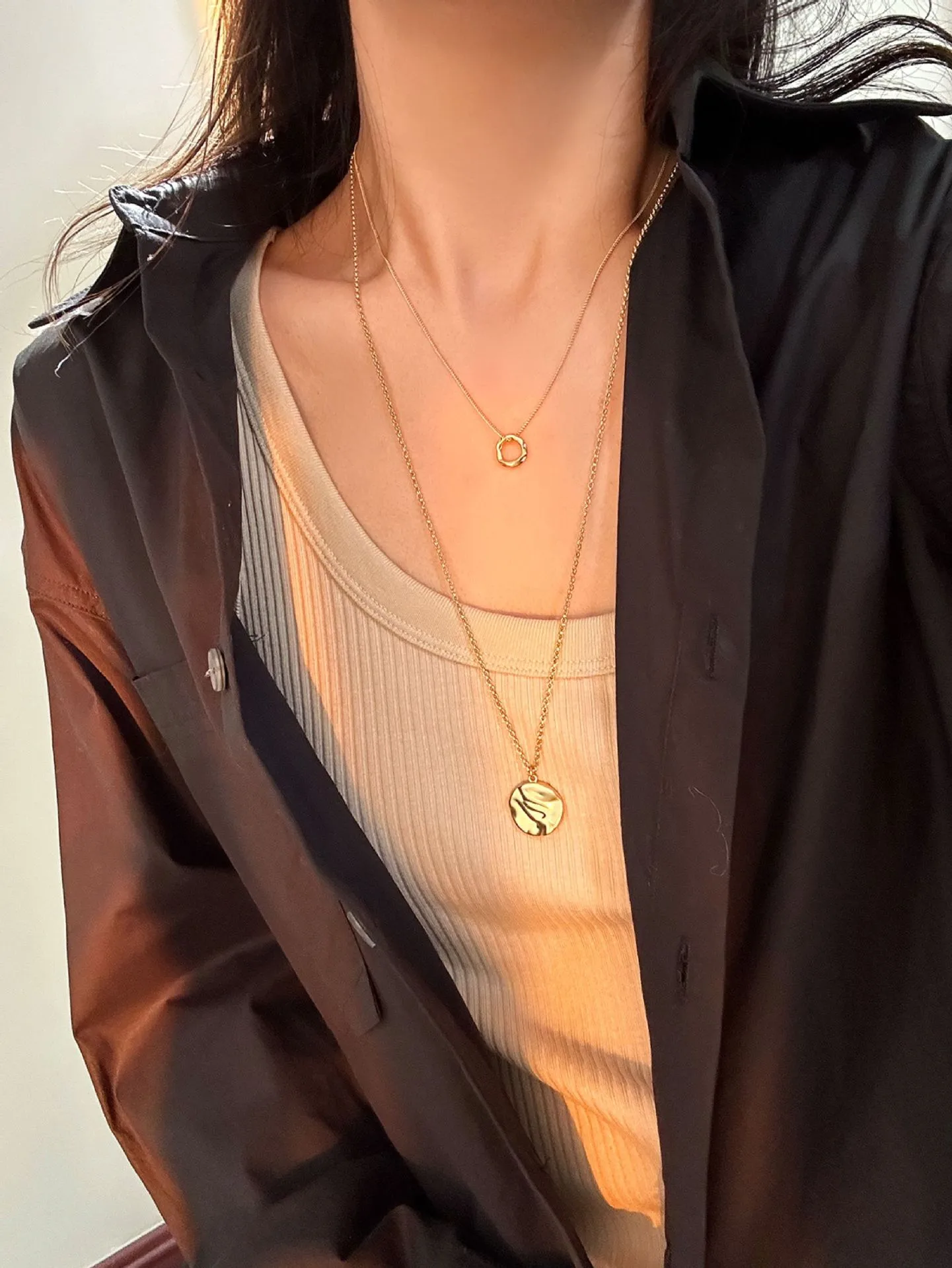 Gold Geometric Circle Necklace for Women Simple Style Copper Pendant Sweater Chain