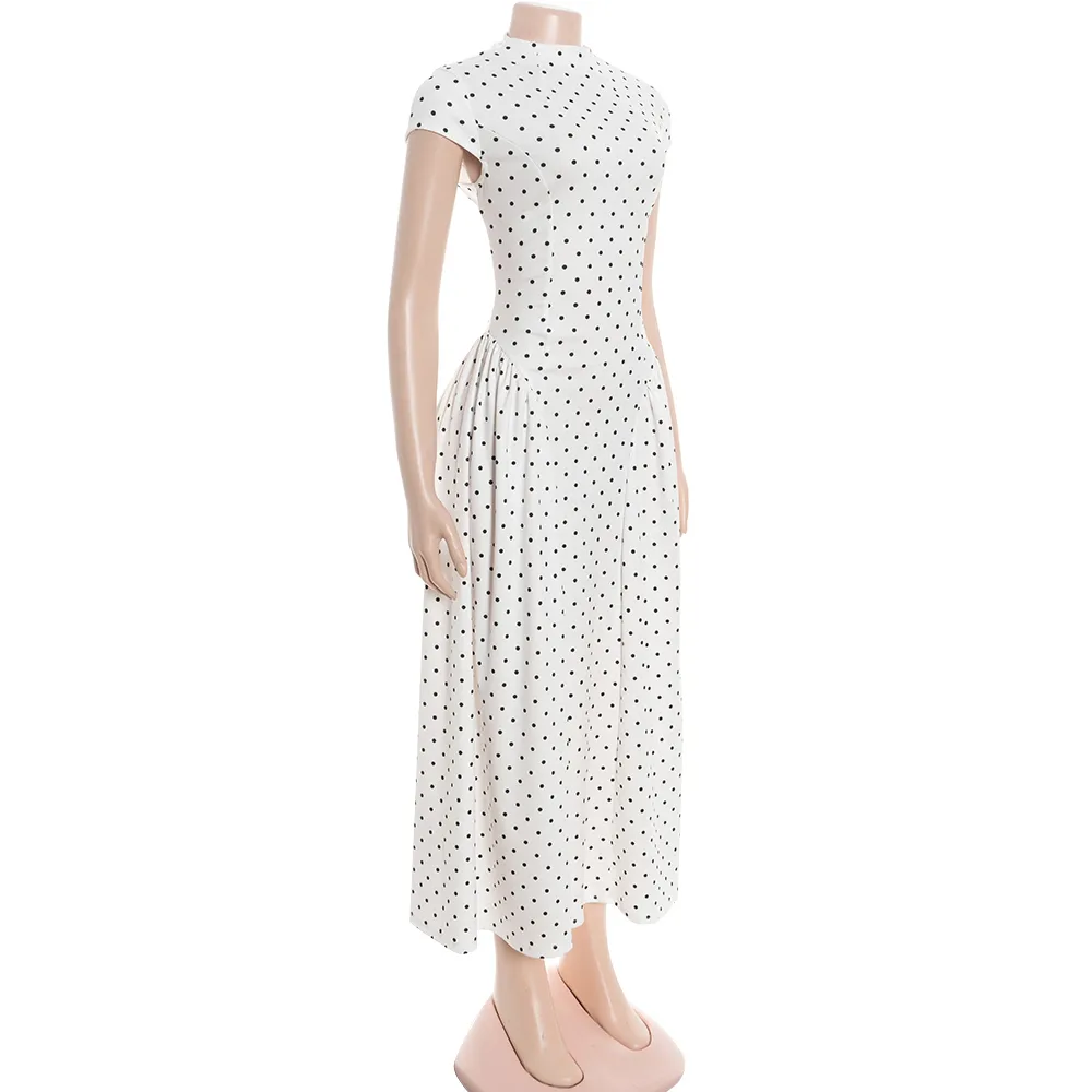 Classic Style Polka Dot Dress in Elastane Fabric Featuring Draped Design Maxi Long Dress
