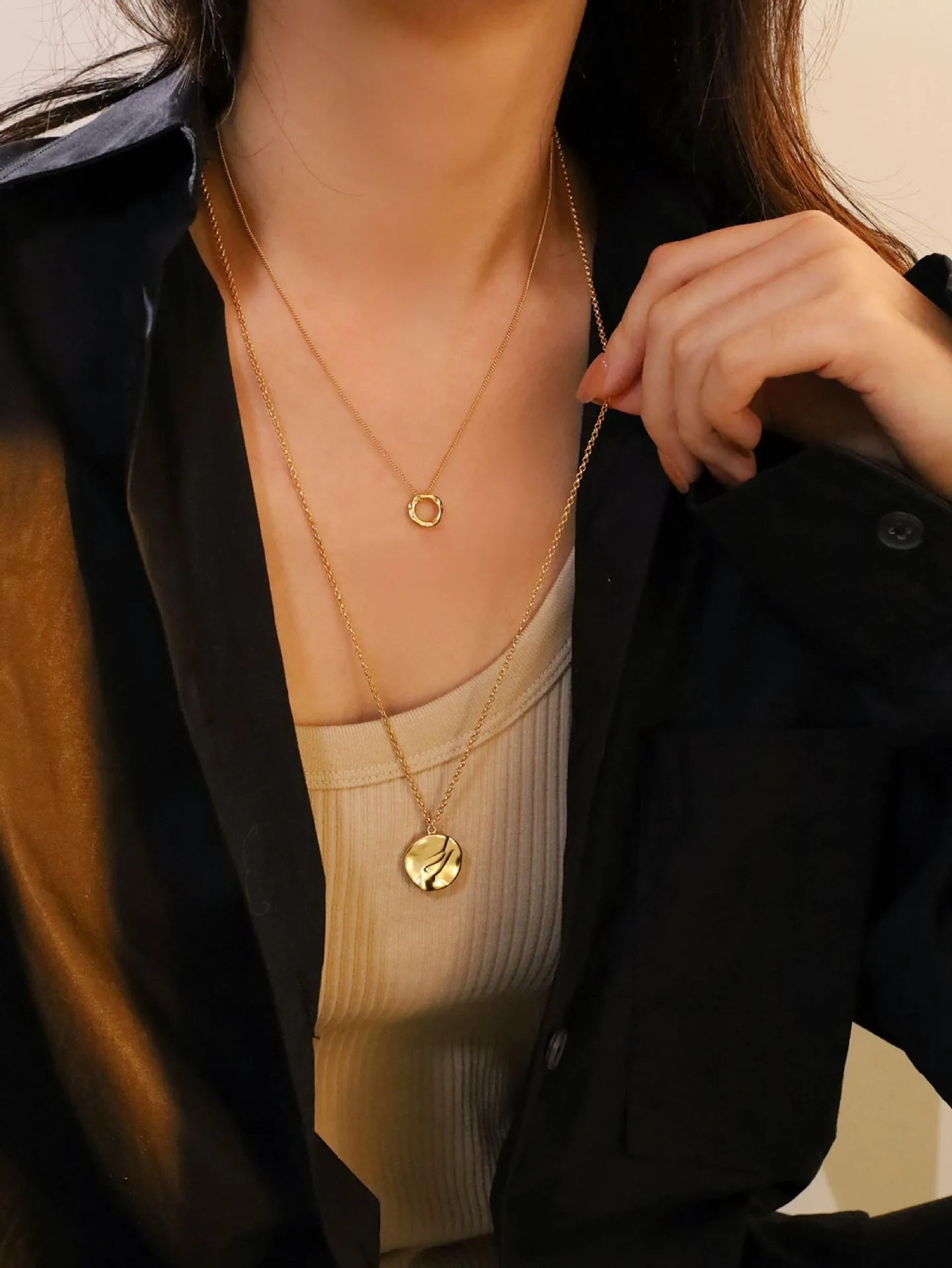 Gold Geometric Circle Necklace for Women Simple Style Copper Pendant Sweater Chain
