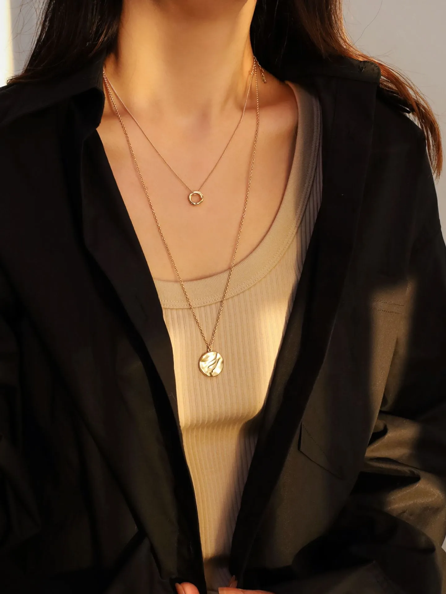 Gold Geometric Circle Necklace for Women Simple Style Copper Pendant Sweater Chain