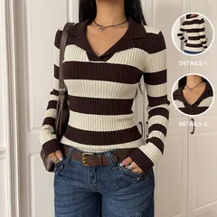 Vintage Style Stripe Sweater with Long Sleeves, Knitted Cotton Pullover