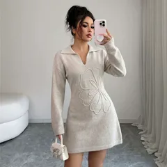 Casual Flowers Sheath Dress with Long Sleeve and Shirt Collar in Knit Fabric for Business