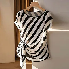 Women's Loose Short Sleeve Polyester Twill Round Neck Pullover Shirt