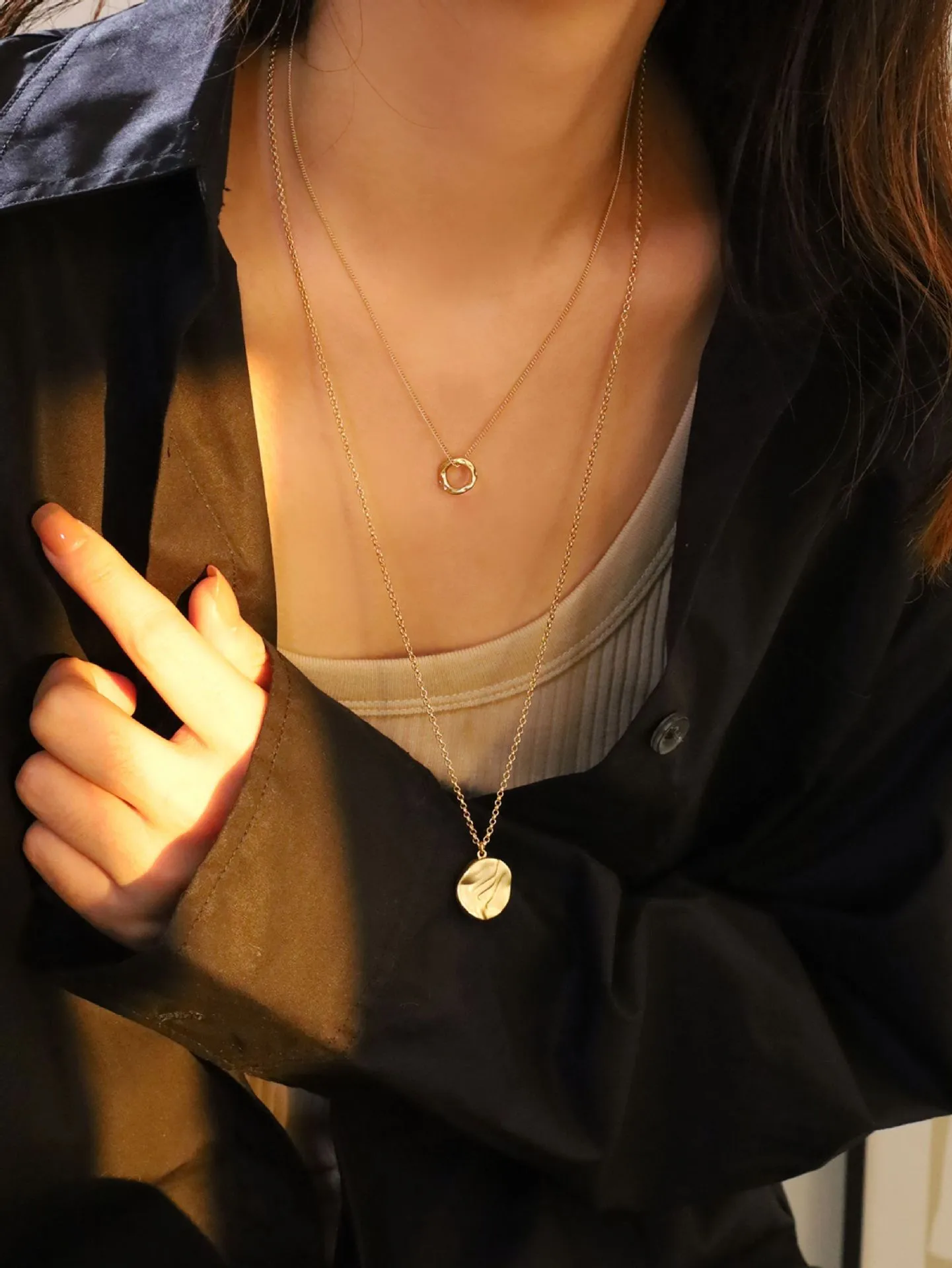 Gold Geometric Circle Necklace for Women Simple Style Copper Pendant Sweater Chain