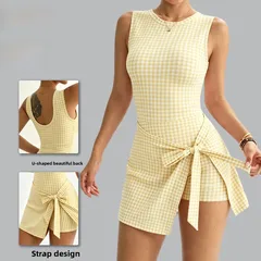 Plaid Nylon Women’s Yoga Top with Tie Closure, Backless Design, Short Length for Comfortable Workout