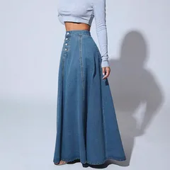 Vintage Style Solid Color Denim Cotton A-Line Skirt with Front Button in Regular Fit for Spring