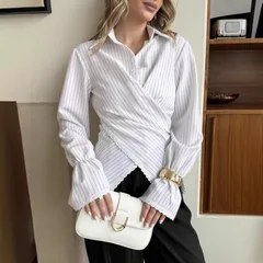 Stripe Long Sleeve Streetwear Cotton Shirt for Women Featuring Criss Cross Craft and Single Breasted Design