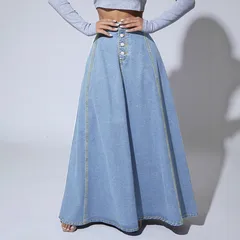 Vintage Style Solid Color Denim Cotton A-Line Skirt with Front Button in Regular Fit for Spring