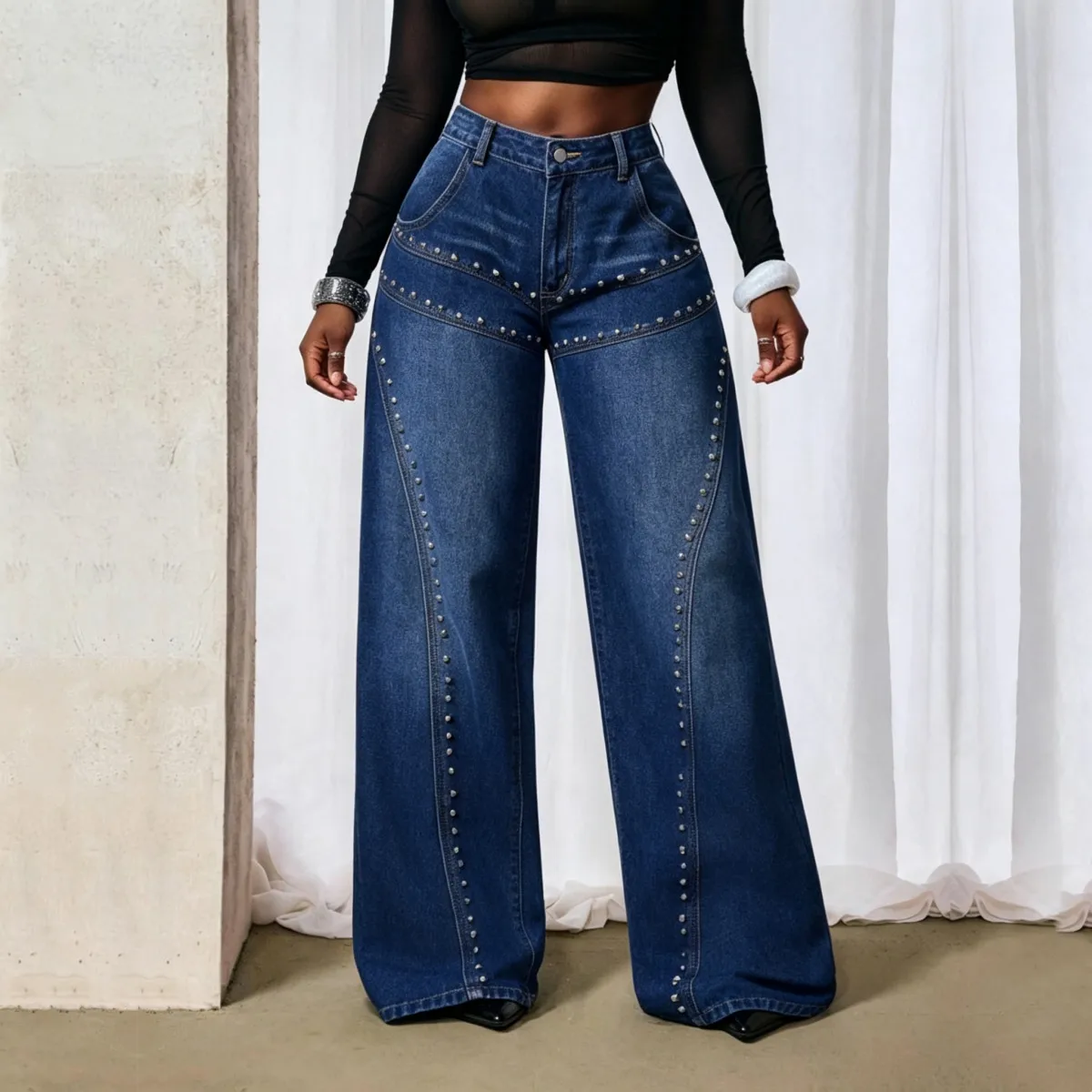 Retro Full Length Jeans for Women in Loose Fit with High Waist, Made of Denim Cotton, Inelastic