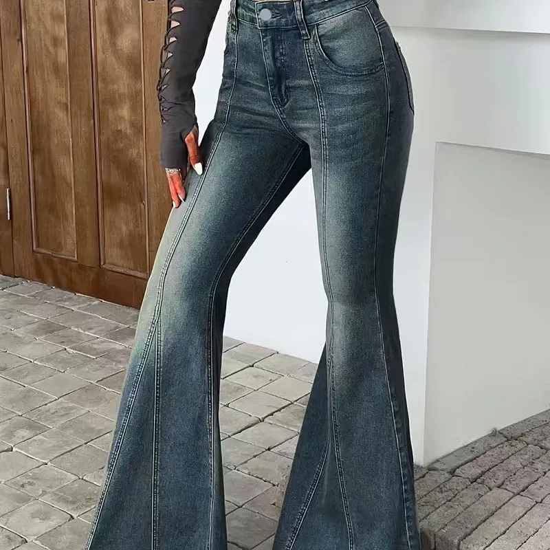 Streetwear Full Length Flared Pants for Women in Cotton with High Elasticity and Pocket Design