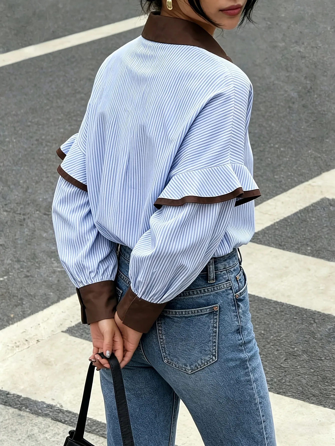Preppy Style Stripe Long Sleeve Women's Shirt in Loose Fit, Made with Polyester Fabric