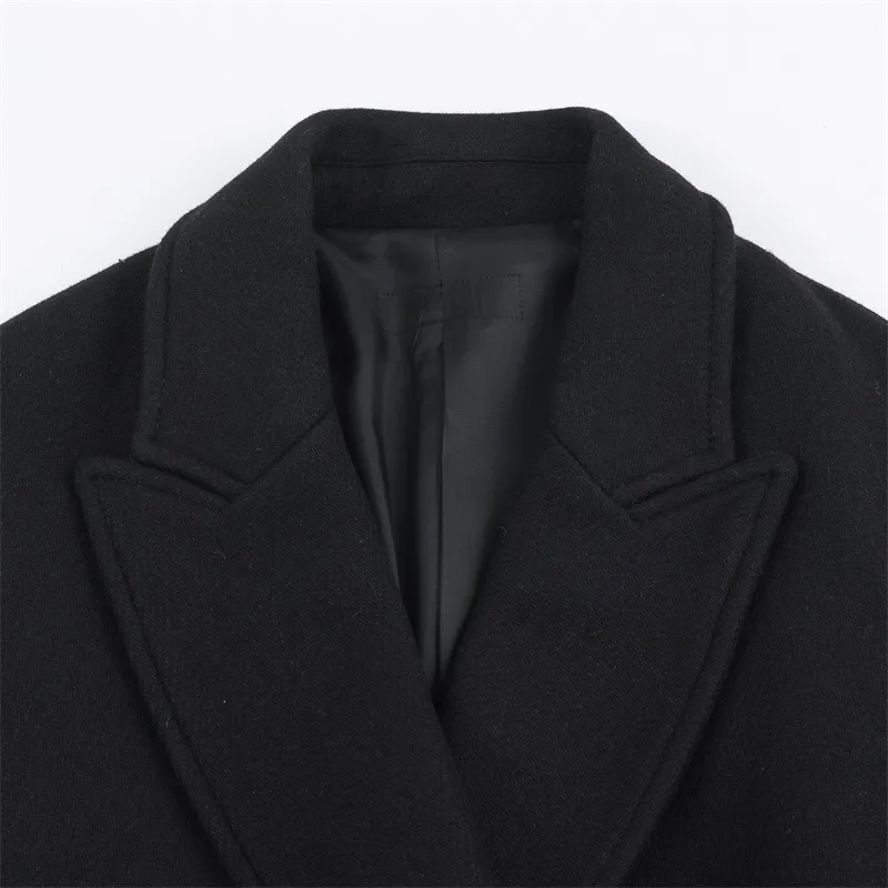 Elegant Woolen Coat for Women with Tie Placket, Polyester Fabric, Belt Detail, Lapel Collar, and Long Sleeves