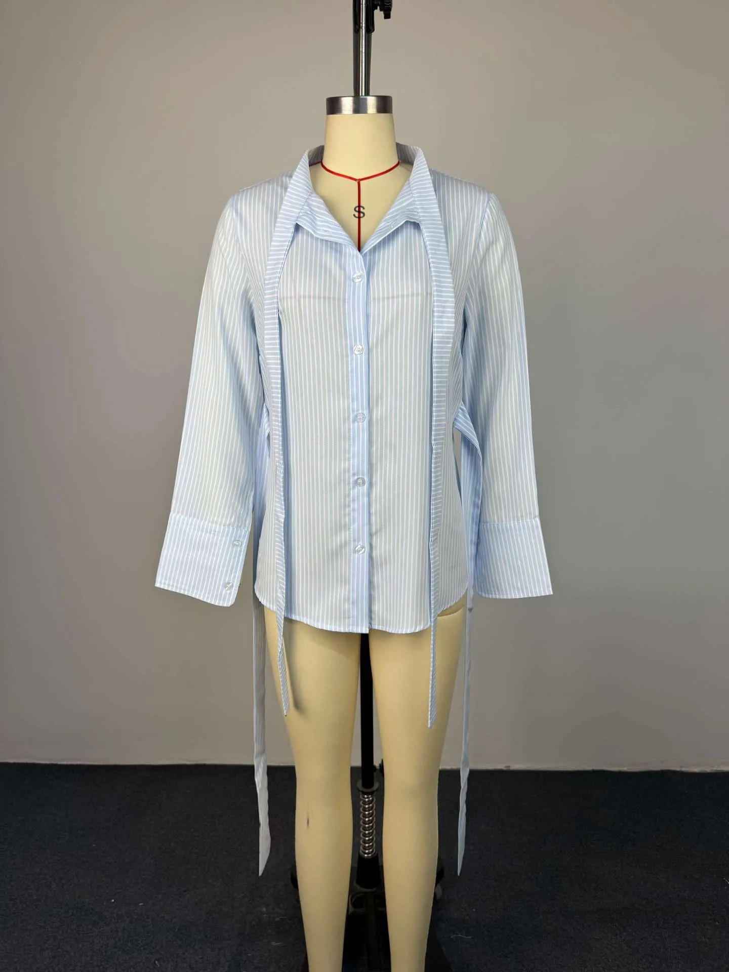 Sexy Stripe Long Sleeve Polyester Shirt for Women with Single Breasted Closure and Lapel Collar