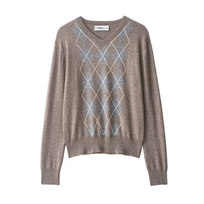 Argyle Knitted Streetwear Long Sleeve Pullover in Polyester for Women