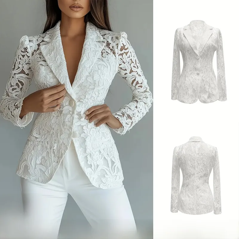 Elegant Lace Polyester Blazer with V Neck and Single Breasted Closure