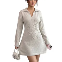 Casual Flowers Sheath Dress with Long Sleeve and Shirt Collar in Knit Fabric for Business