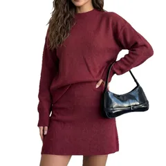 Elegant Solid Color Skirt Co-ord Set in Knitted Acrylic with Long Sleeve, 2 Pieces Set