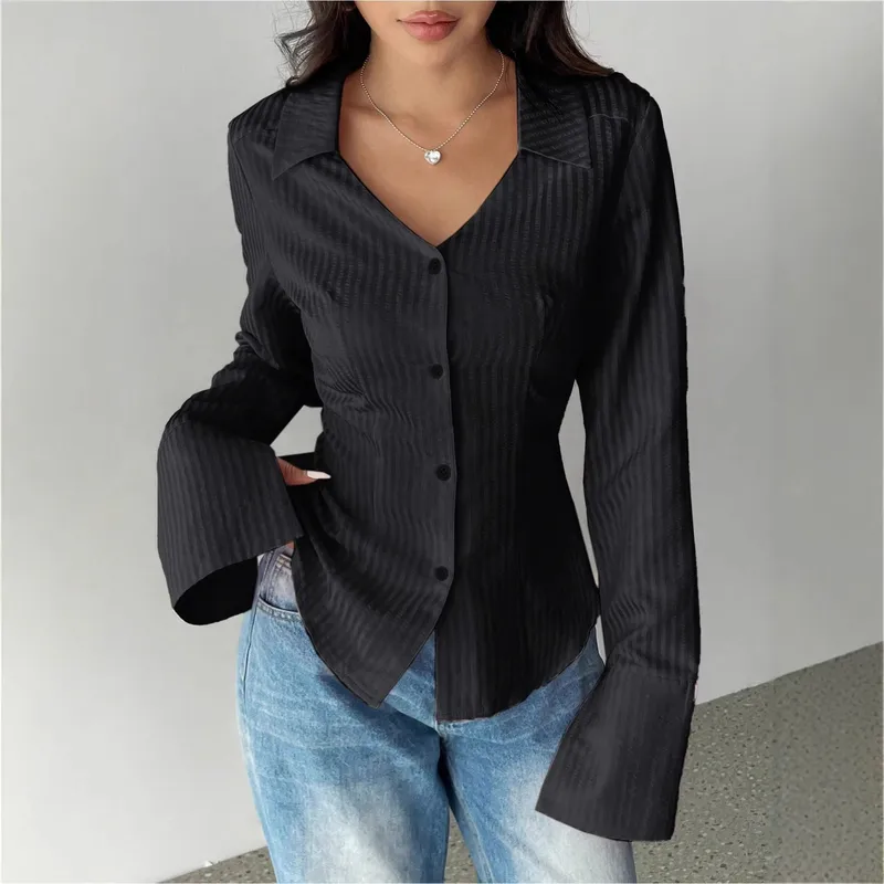 Elegant Long Sleeve Stripe Polyester Shirt for Women with V Neck Featuring Printing Craft
