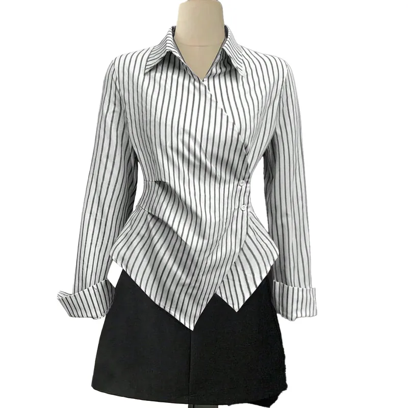 Stripe Long Sleeve Polyester Shirt for Women with Lapel Collar and Single Breasted Closure