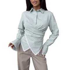Stripe Long Sleeve Streetwear Cotton Shirt for Women Featuring Criss Cross Craft and Single Breasted Design