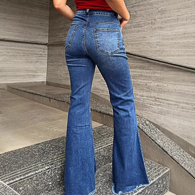 Retro Full Length Flared Pants for Women in Washed Denim Cotton with Micro-Elastic, Perfect for Summer