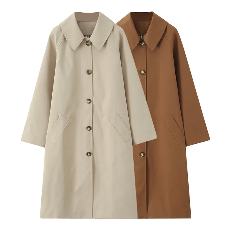 Single Breasted Women's Trench Coat with Lapel Collar and Long Sleeves, Regular Fit in Polyester Fabric