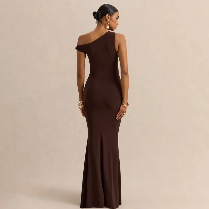 Solid Color Sexy Sleeveless Party Dress with Oblique Collar in Polyester for Banquet