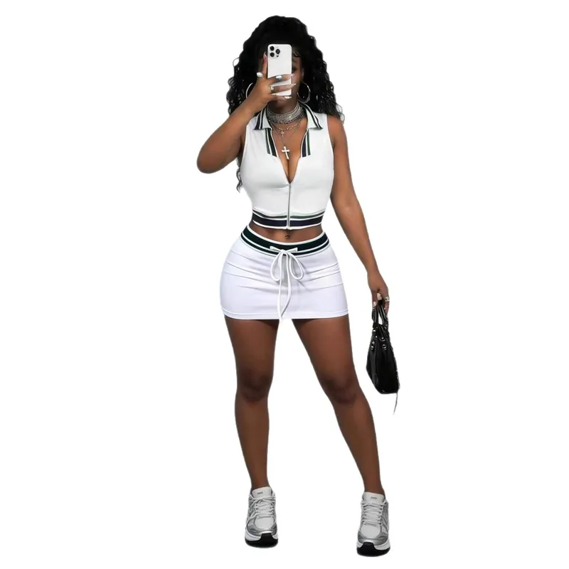 Casual Solid Color Skirt Co-ord Set in Polyester Featuring Rib-Knit Craftsmanship with Tie Closure and Shirt Collar