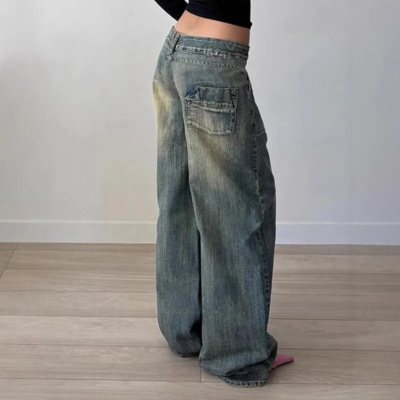 Casual Wide Leg Full Length Pants for Women in Washed Denim Cotton Fabric, Inelastic Design