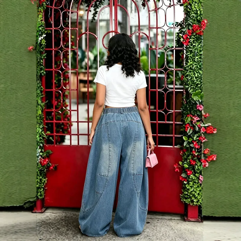 Women's Full Length Denim Cotton Jeans in Streetwear Style with Washed Craft, Inelastic Fabric for Spring
