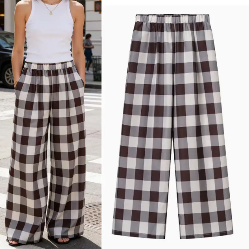 Plaid Wide Leg Full Length Casual Pants in Polyester with Contrast Collar for Streetwear