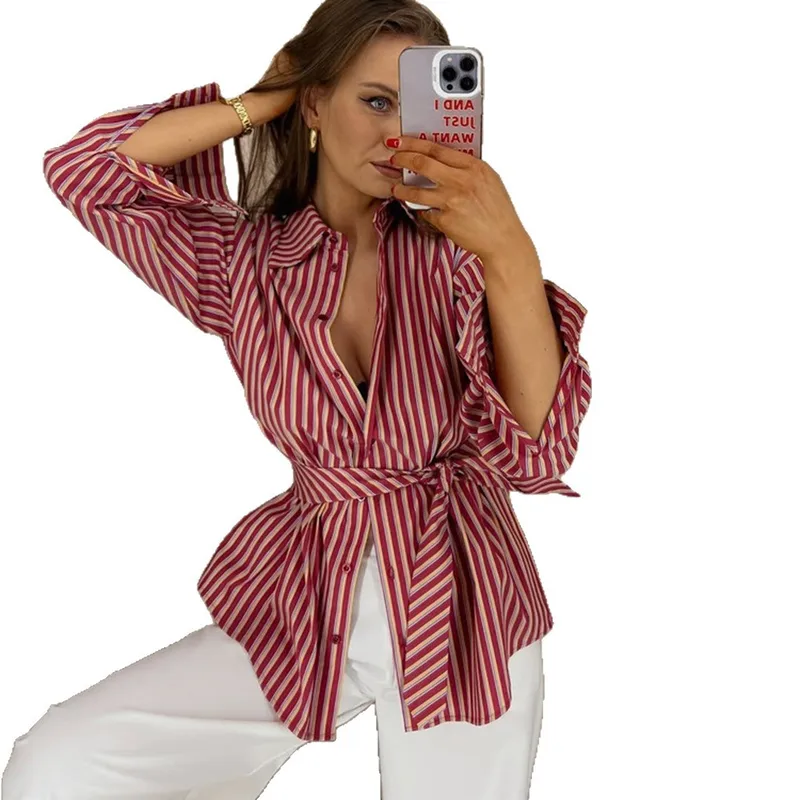 Simple Style Stripe Long Sleeve Polyester Women's Shirt with Lapel Collar and Single Breasted Closure