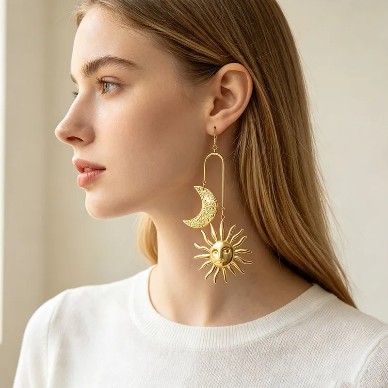 Retro Moon Tassel Drop Earrings for Women in 18K Real Gold Plated 304 Stainless Steel