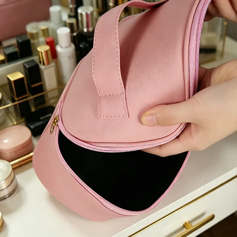 Unisex Solid Color PU Leather Cosmetic Bag with Top Handle, Water Resistant Design