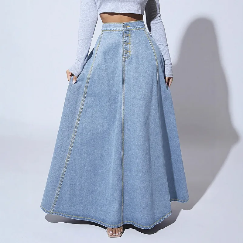 Vintage Style Solid Color Denim Cotton A-Line Skirt with Front Button in Regular Fit for Spring