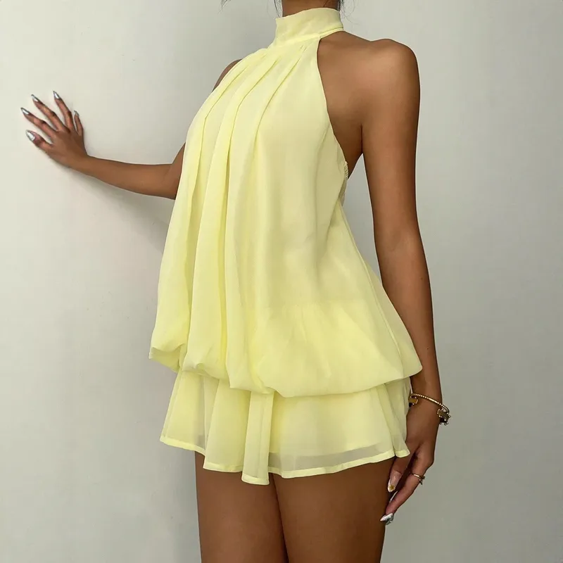 Solid Color Sleeveless Halter Neck Tea Dress in Polyester Fabric, Above Knee Length, Vacation Style
