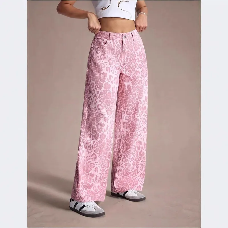 Leopard Print Straight Full Length Cowboy Style Pants for Women in Casual Wear, Made with Over 70% Cotton Fabric