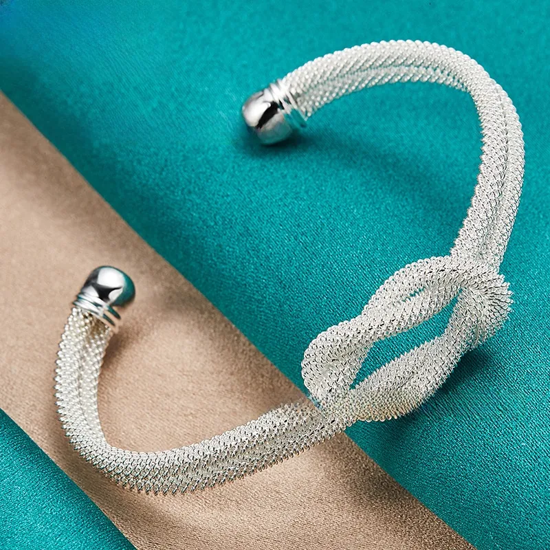 Women’s Electroplated Silver Plated Copper Bangle Featuring Braid Craft and Grid Pattern
